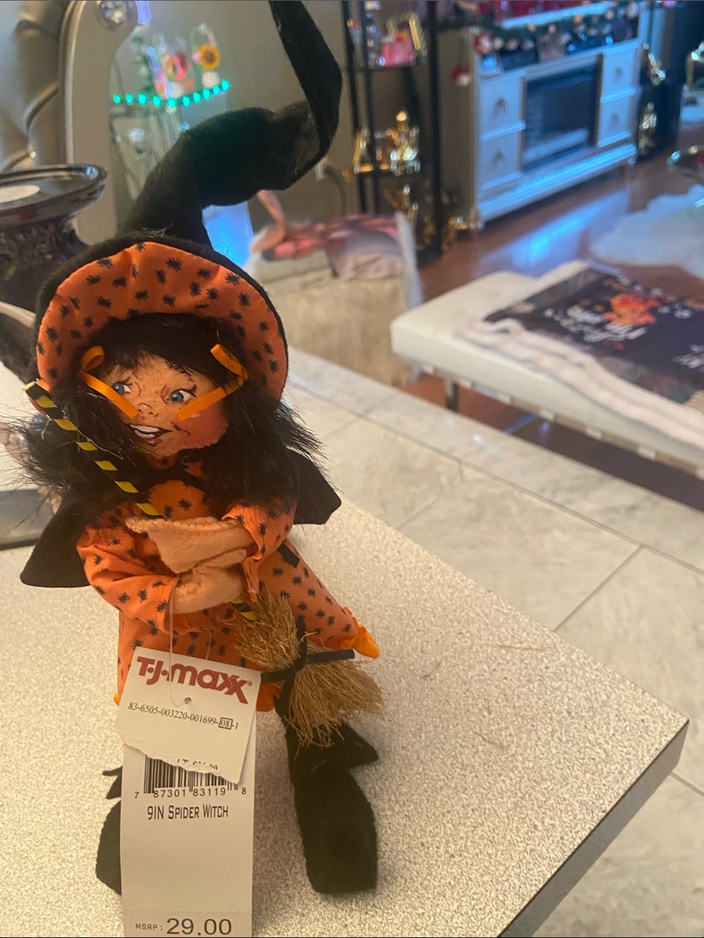 T.J.Maxx Orange & Black Witch Doll Plush with Broom Annalee
